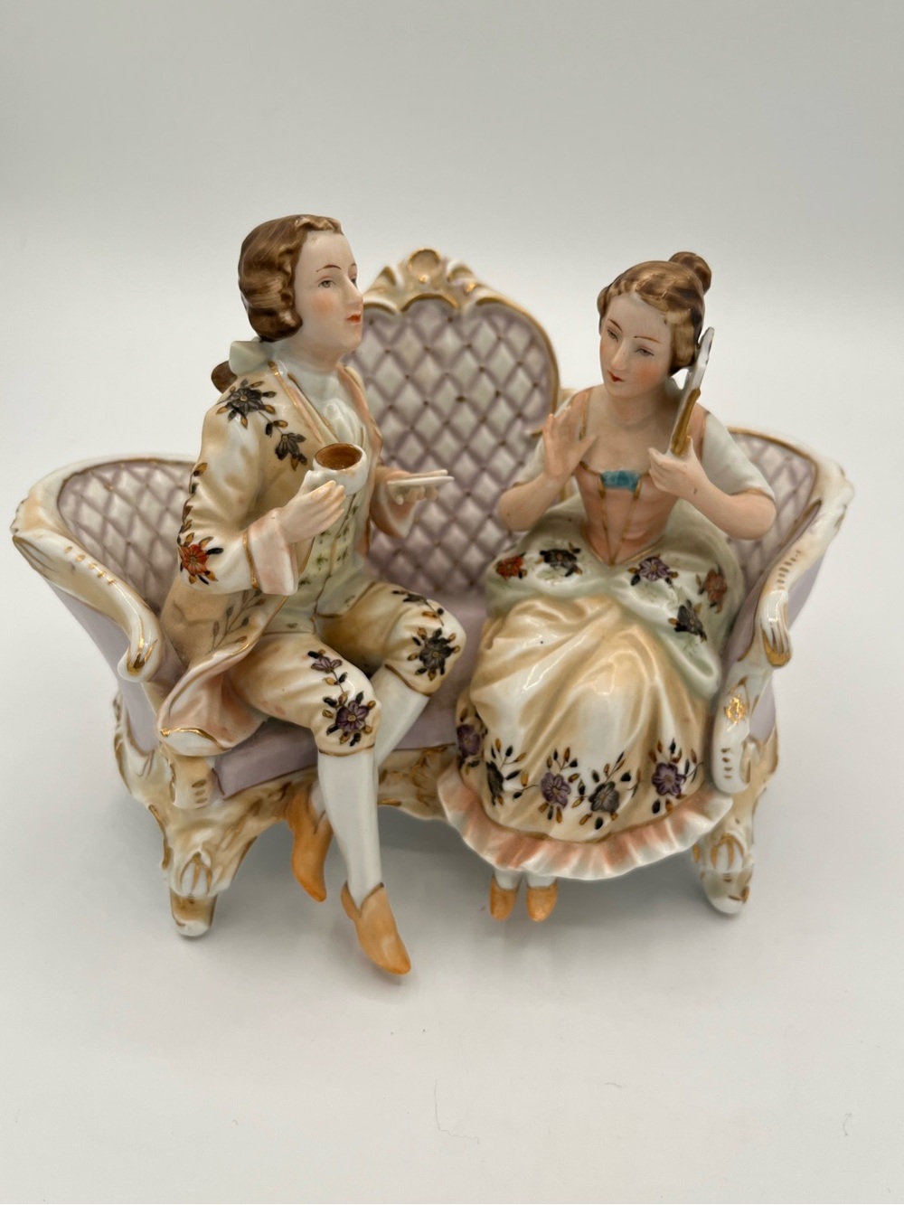 Vintage Dresden Porcelain Victorian Figurine Courting Couple Having Tea Time